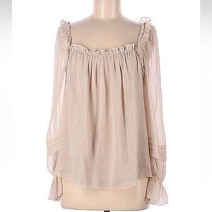 Aakaa Tan/cream colored ruffle blouse with gold thread detail